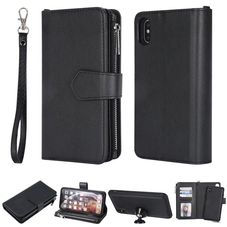 For iPhone XS Max 2 in 1 Solid Color Zipper Shockproof Protective Case with Card Slots & Bracket & Photo Holder & Wallet Function