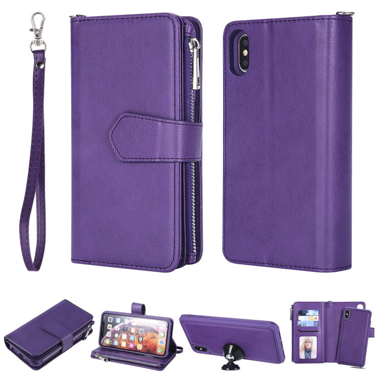 For iPhone XS Max 2 in 1 Solid Color Zipper Shockproof Protective Case with Card Slots & Bracket & Photo Holder & Wallet Function