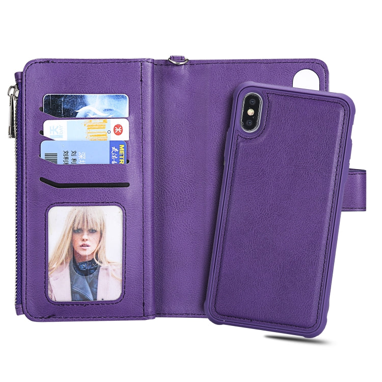 For iPhone XS Max 2 in 1 Solid Color Zipper Shockproof Protective Case with Card Slots & Bracket & Photo Holder & Wallet Function
