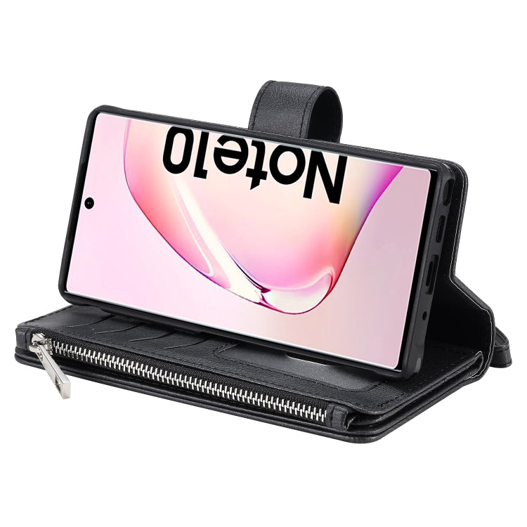 For Galaxy Note 10 2 in 1 Solid Color Zipper Shockproof Protective Case with Card Slots & Bracket & Photo Holder & Wallet Function