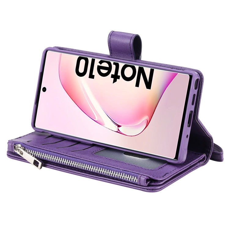 For Galaxy Note 10 2 in 1 Solid Color Zipper Shockproof Protective Case with Card Slots & Bracket & Photo Holder & Wallet Function