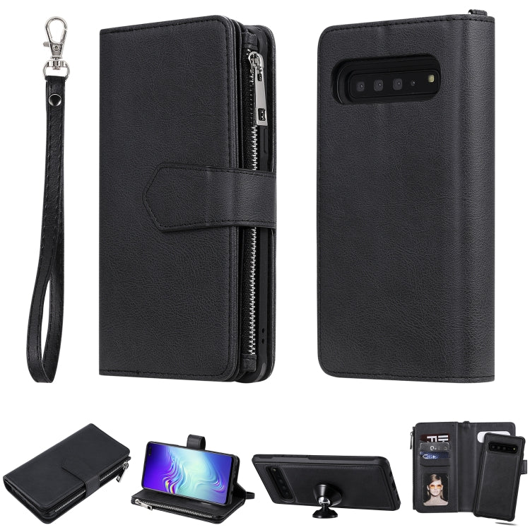For Galaxy S10 5G 2 in 1 Solid Color Zipper Shockproof Protective Case with Card Slots & Bracket & Photo Holder & Wallet Function