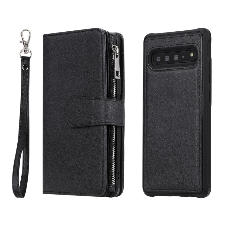 For Galaxy S10 5G 2 in 1 Solid Color Zipper Shockproof Protective Case with Card Slots & Bracket & Photo Holder & Wallet Function