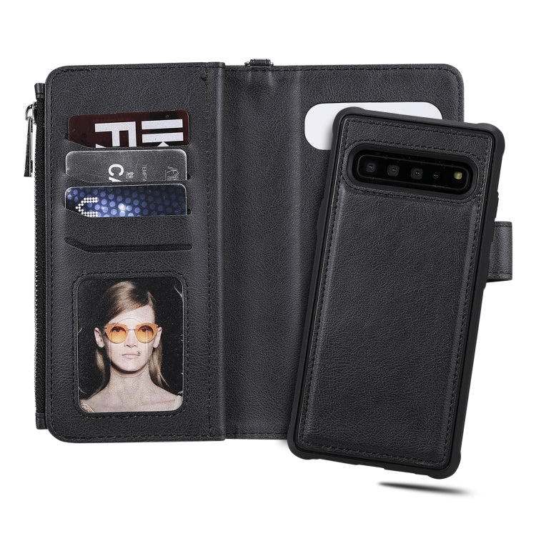 For Galaxy S10 5G 2 in 1 Solid Color Zipper Shockproof Protective Case with Card Slots & Bracket & Photo Holder & Wallet Function