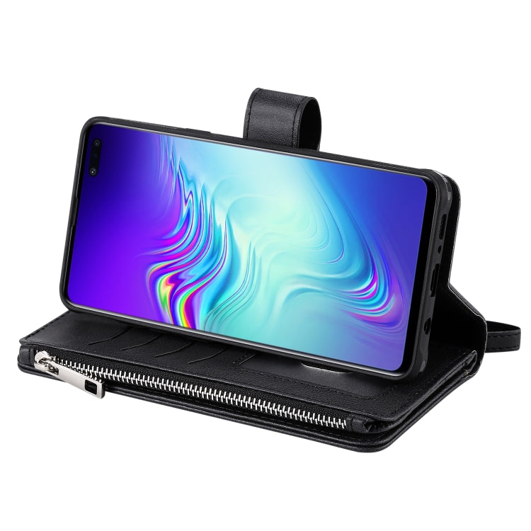 For Galaxy S10 5G 2 in 1 Solid Color Zipper Shockproof Protective Case with Card Slots & Bracket & Photo Holder & Wallet Function