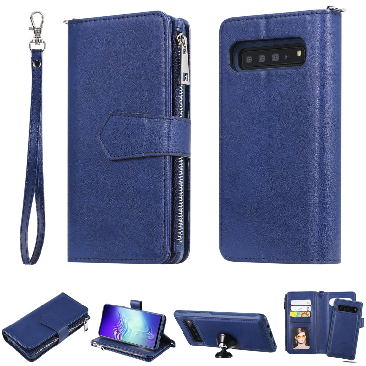 For Galaxy S10 5G 2 in 1 Solid Color Zipper Shockproof Protective Case with Card Slots & Bracket & Photo Holder & Wallet Function