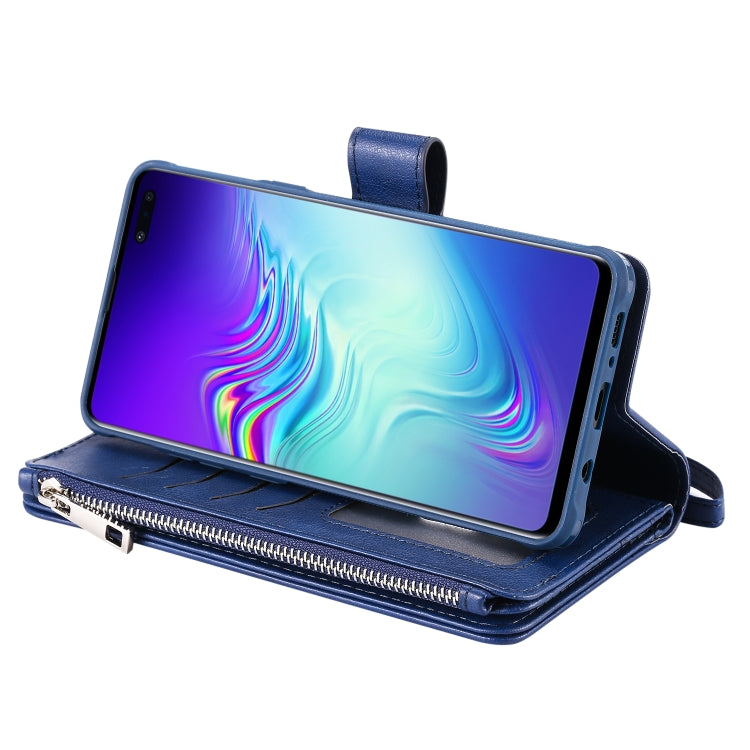 For Galaxy S10 5G 2 in 1 Solid Color Zipper Shockproof Protective Case with Card Slots & Bracket & Photo Holder & Wallet Function