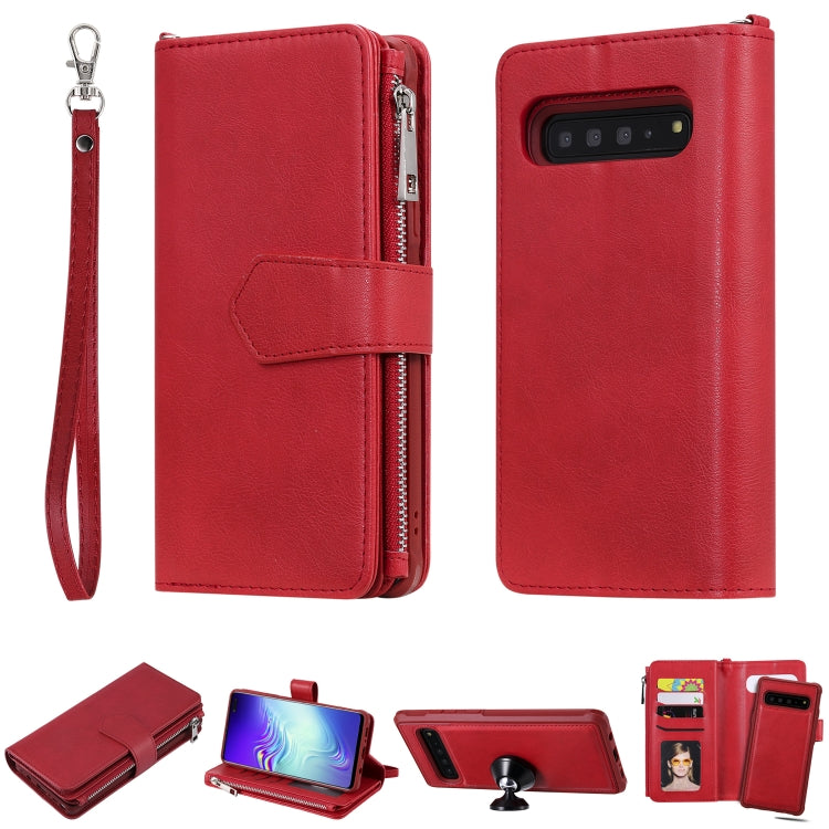 For Galaxy S10 5G 2 in 1 Solid Color Zipper Shockproof Protective Case with Card Slots & Bracket & Photo Holder & Wallet Function