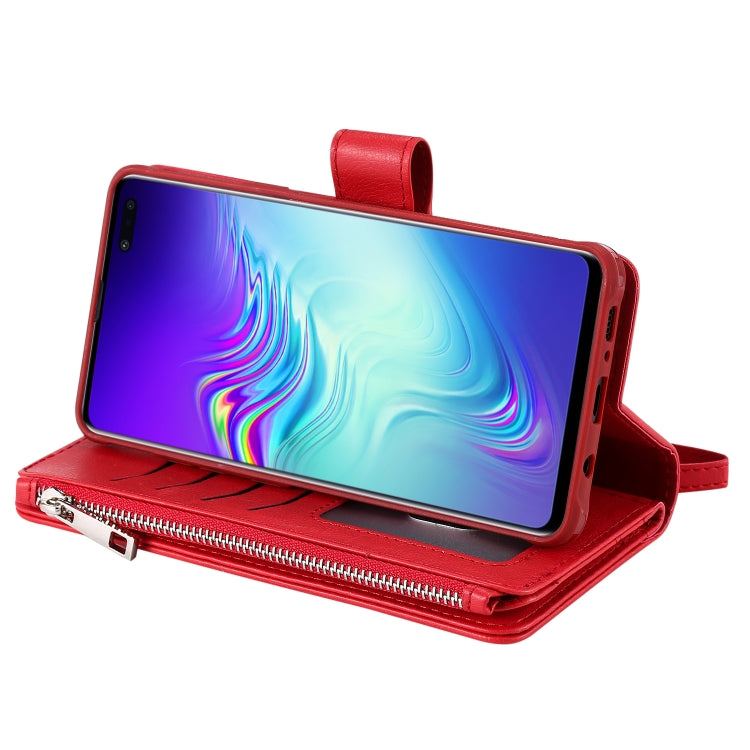 For Galaxy S10 5G 2 in 1 Solid Color Zipper Shockproof Protective Case with Card Slots & Bracket & Photo Holder & Wallet Function