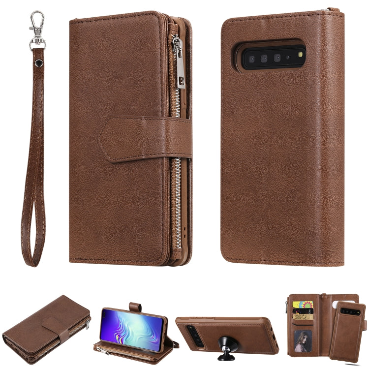 For Galaxy S10 5G 2 in 1 Solid Color Zipper Shockproof Protective Case with Card Slots & Bracket & Photo Holder & Wallet Function