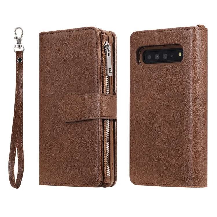 For Galaxy S10 5G 2 in 1 Solid Color Zipper Shockproof Protective Case with Card Slots & Bracket & Photo Holder & Wallet Function