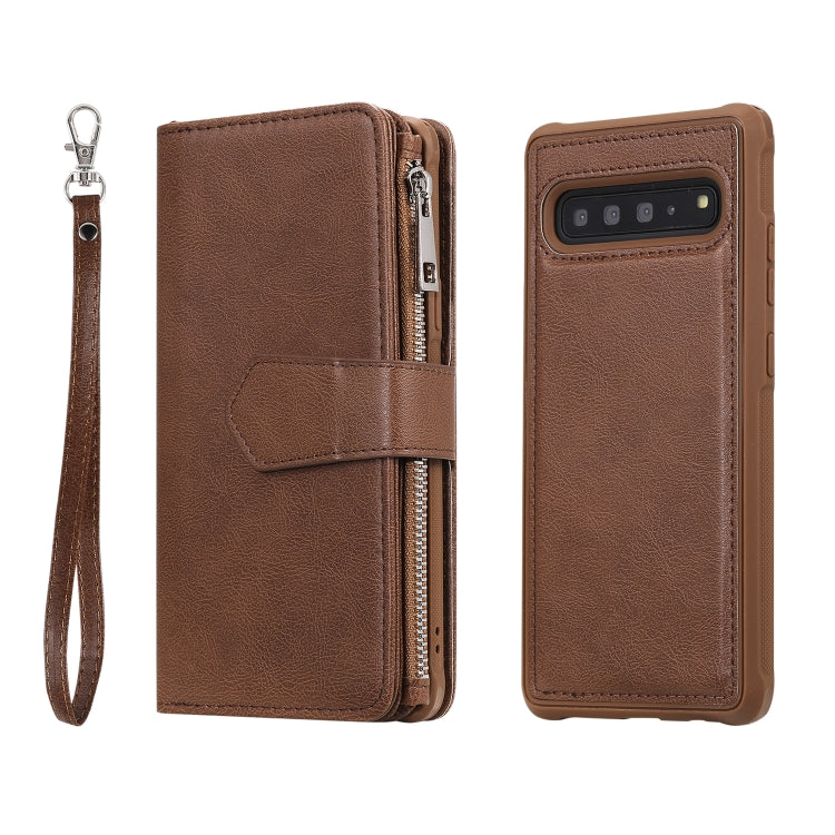 For Galaxy S10 5G 2 in 1 Solid Color Zipper Shockproof Protective Case with Card Slots & Bracket & Photo Holder & Wallet Function