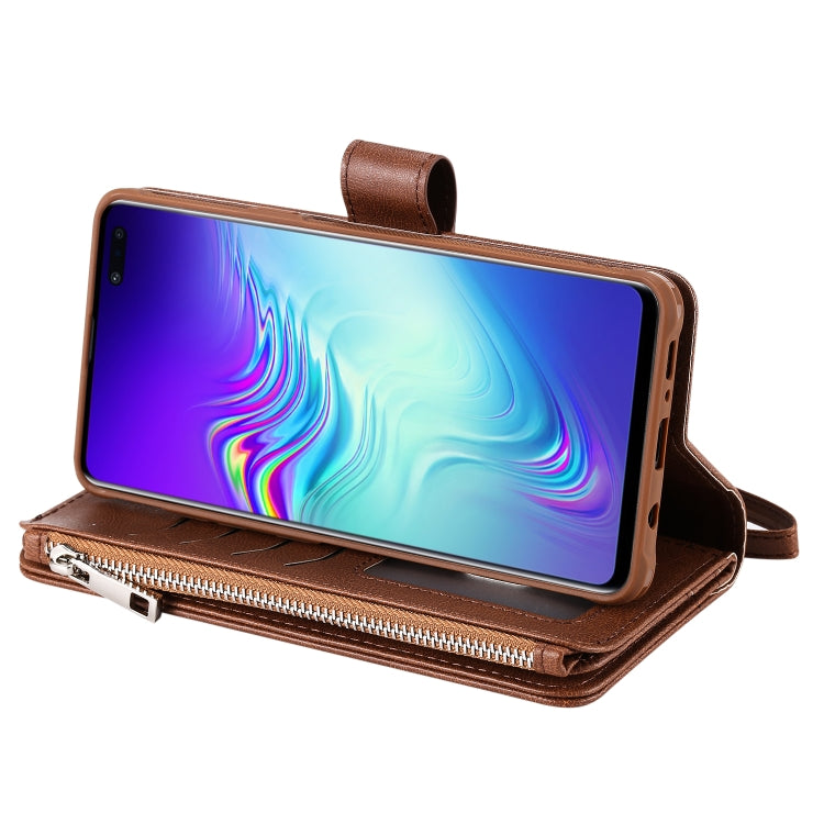 For Galaxy S10 5G 2 in 1 Solid Color Zipper Shockproof Protective Case with Card Slots & Bracket & Photo Holder & Wallet Function