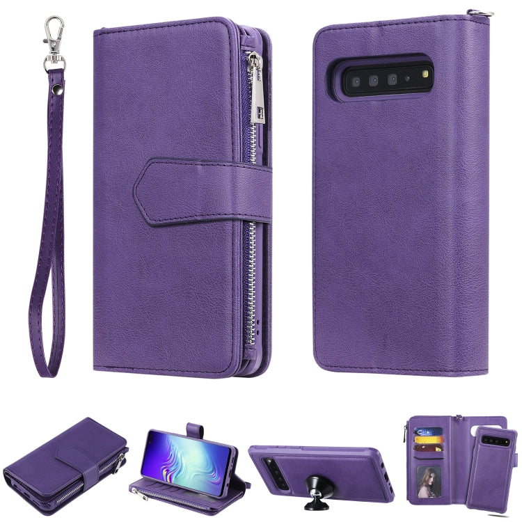 For Galaxy S10 5G 2 in 1 Solid Color Zipper Shockproof Protective Case with Card Slots & Bracket & Photo Holder & Wallet Function