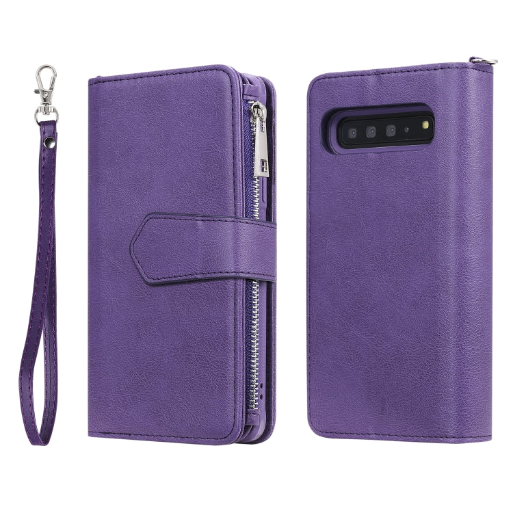 For Galaxy S10 5G 2 in 1 Solid Color Zipper Shockproof Protective Case with Card Slots & Bracket & Photo Holder & Wallet Function