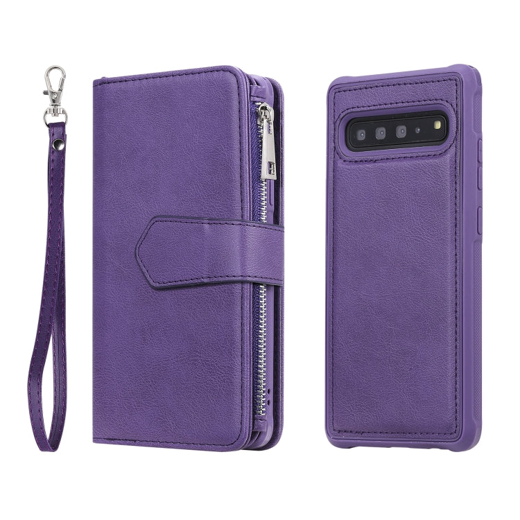For Galaxy S10 5G 2 in 1 Solid Color Zipper Shockproof Protective Case with Card Slots & Bracket & Photo Holder & Wallet Function
