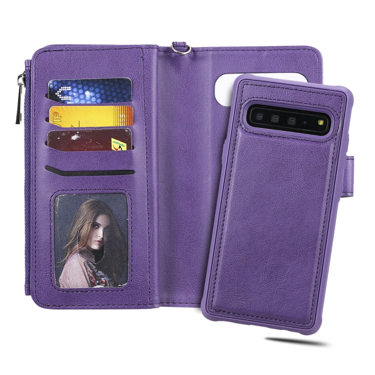 For Galaxy S10 5G 2 in 1 Solid Color Zipper Shockproof Protective Case with Card Slots & Bracket & Photo Holder & Wallet Function