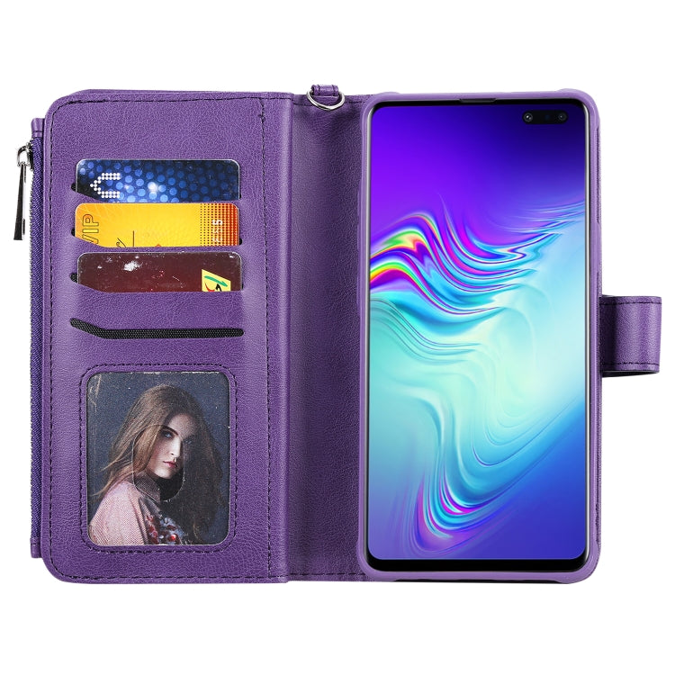For Galaxy S10 5G 2 in 1 Solid Color Zipper Shockproof Protective Case with Card Slots & Bracket & Photo Holder & Wallet Function