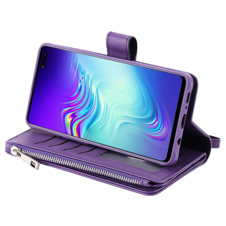 For Galaxy S10 5G 2 in 1 Solid Color Zipper Shockproof Protective Case with Card Slots & Bracket & Photo Holder & Wallet Function