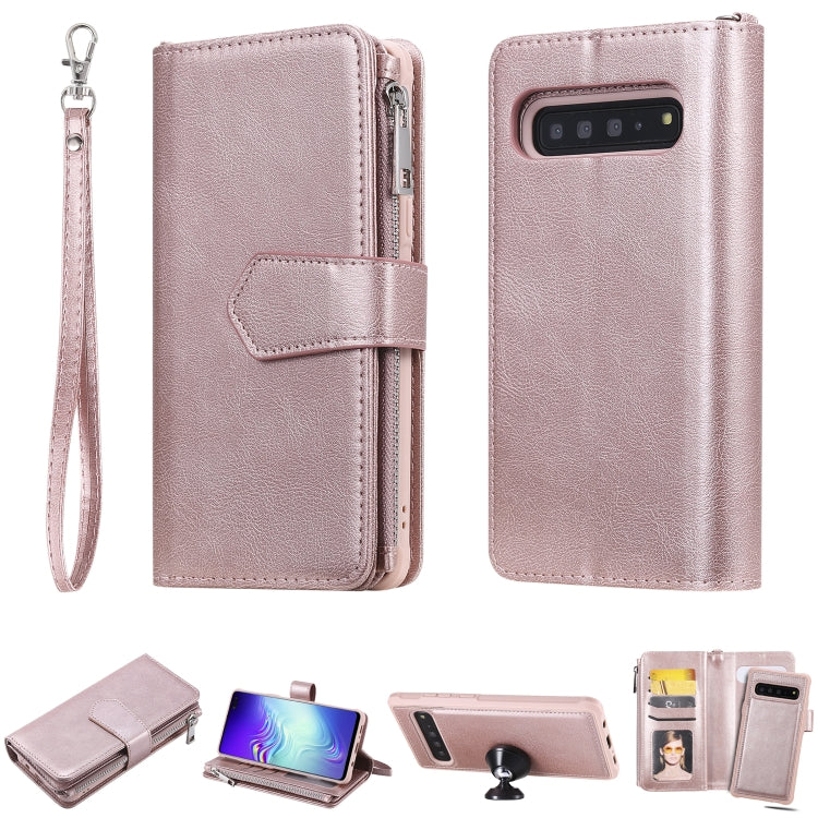For Galaxy S10 5G 2 in 1 Solid Color Zipper Shockproof Protective Case with Card Slots & Bracket & Photo Holder & Wallet Function