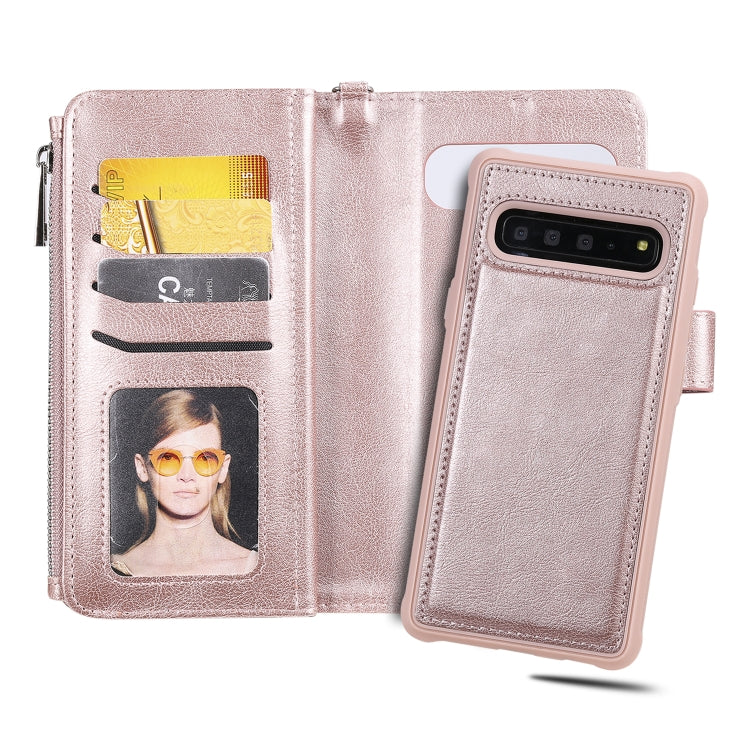For Galaxy S10 5G 2 in 1 Solid Color Zipper Shockproof Protective Case with Card Slots & Bracket & Photo Holder & Wallet Function