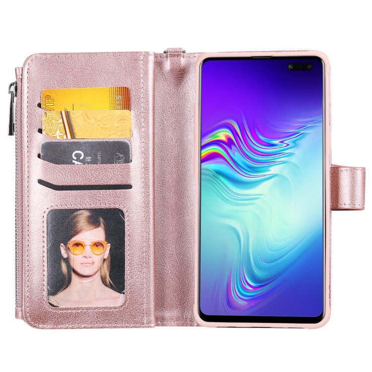 For Galaxy S10 5G 2 in 1 Solid Color Zipper Shockproof Protective Case with Card Slots & Bracket & Photo Holder & Wallet Function