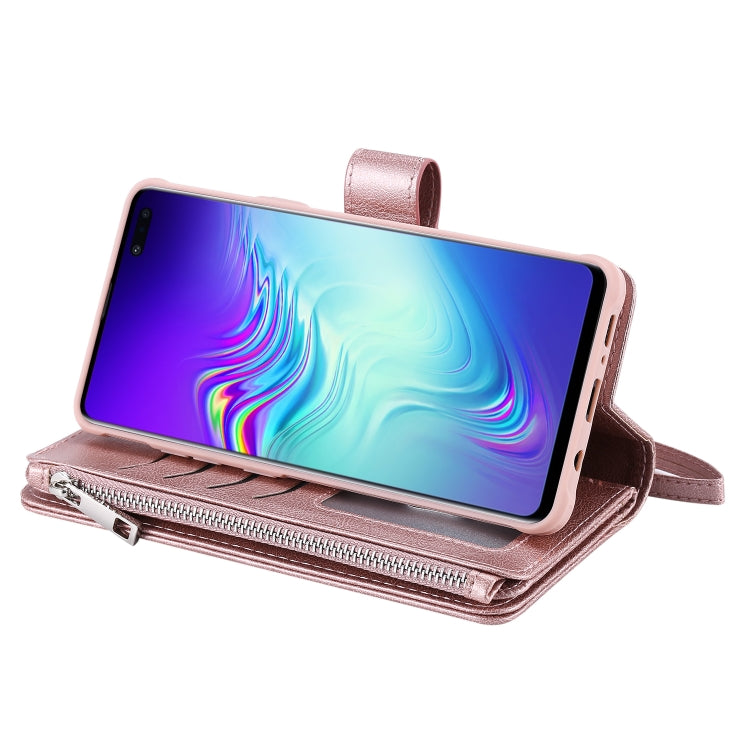 For Galaxy S10 5G 2 in 1 Solid Color Zipper Shockproof Protective Case with Card Slots & Bracket & Photo Holder & Wallet Function
