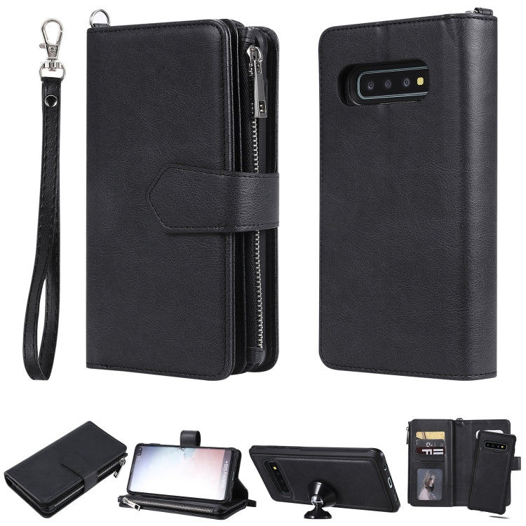 For Galaxy S10 Plus 2 in 1 Solid Color Zipper Shockproof Protective Case with Card Slots & Bracket & Photo Holder & Wallet Function