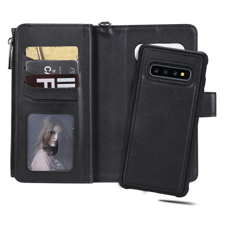 For Galaxy S10 Plus 2 in 1 Solid Color Zipper Shockproof Protective Case with Card Slots & Bracket & Photo Holder & Wallet Function