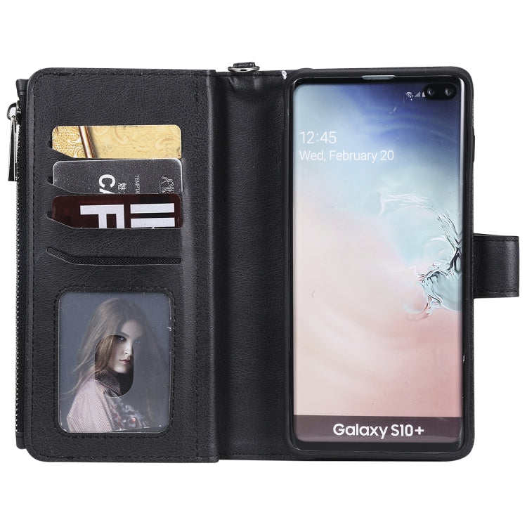 For Galaxy S10 Plus 2 in 1 Solid Color Zipper Shockproof Protective Case with Card Slots & Bracket & Photo Holder & Wallet Function