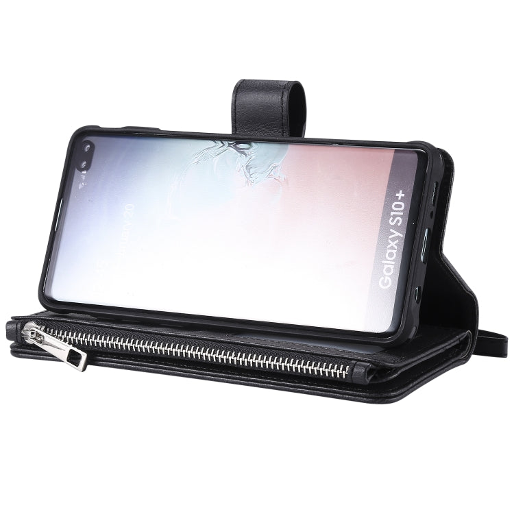 For Galaxy S10 Plus 2 in 1 Solid Color Zipper Shockproof Protective Case with Card Slots & Bracket & Photo Holder & Wallet Function