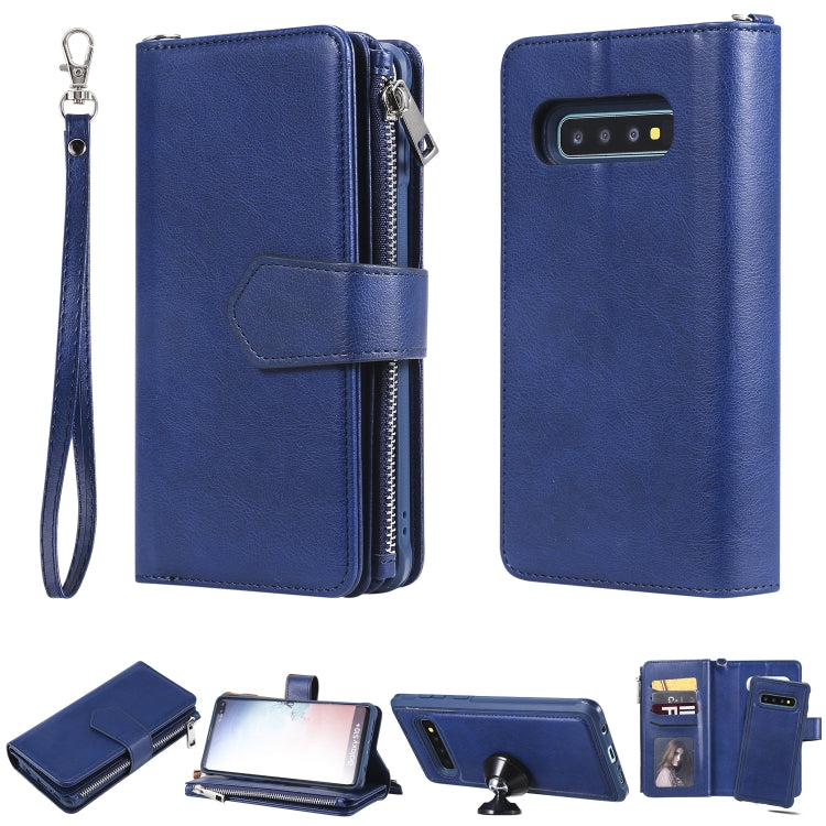For Galaxy S10 Plus 2 in 1 Solid Color Zipper Shockproof Protective Case with Card Slots & Bracket & Photo Holder & Wallet Function