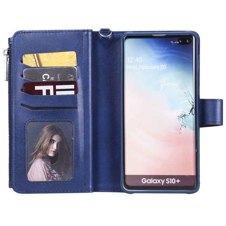 For Galaxy S10 Plus 2 in 1 Solid Color Zipper Shockproof Protective Case with Card Slots & Bracket & Photo Holder & Wallet Function