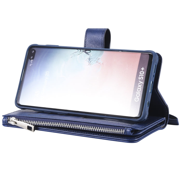 For Galaxy S10 Plus 2 in 1 Solid Color Zipper Shockproof Protective Case with Card Slots & Bracket & Photo Holder & Wallet Function