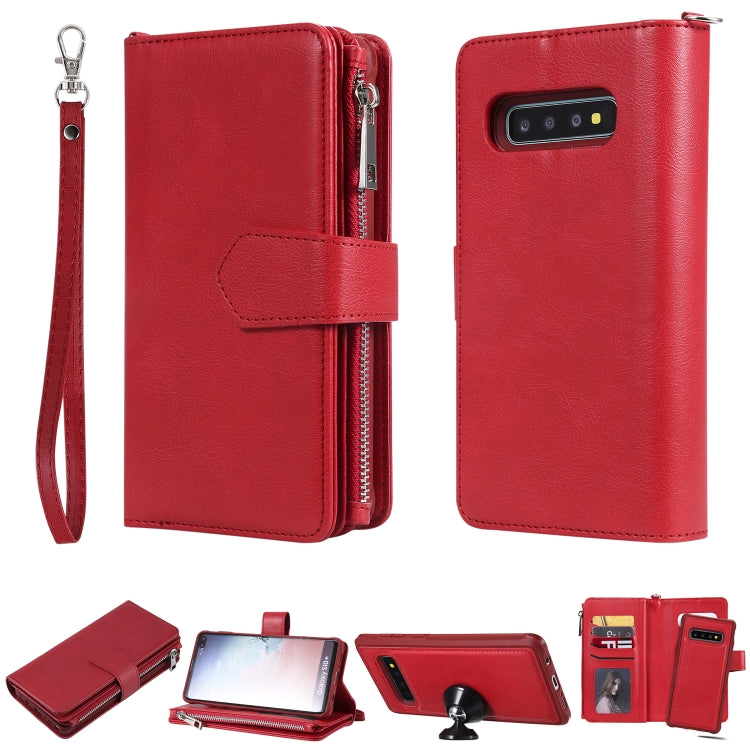 For Galaxy S10 Plus 2 in 1 Solid Color Zipper Shockproof Protective Case with Card Slots & Bracket & Photo Holder & Wallet Function