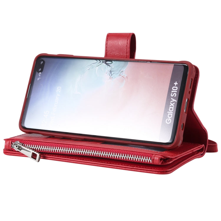 For Galaxy S10 Plus 2 in 1 Solid Color Zipper Shockproof Protective Case with Card Slots & Bracket & Photo Holder & Wallet Function