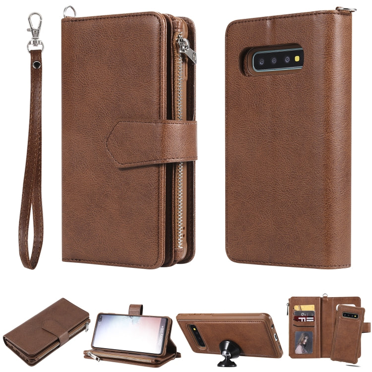 For Galaxy S10 Plus 2 in 1 Solid Color Zipper Shockproof Protective Case with Card Slots & Bracket & Photo Holder & Wallet Function