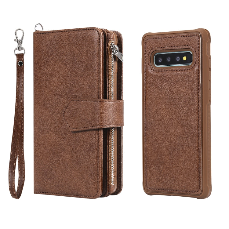 For Galaxy S10 Plus 2 in 1 Solid Color Zipper Shockproof Protective Case with Card Slots & Bracket & Photo Holder & Wallet Function