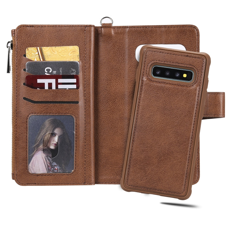 For Galaxy S10 Plus 2 in 1 Solid Color Zipper Shockproof Protective Case with Card Slots & Bracket & Photo Holder & Wallet Function