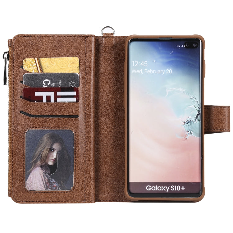 For Galaxy S10 Plus 2 in 1 Solid Color Zipper Shockproof Protective Case with Card Slots & Bracket & Photo Holder & Wallet Function