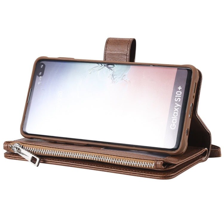 For Galaxy S10 Plus 2 in 1 Solid Color Zipper Shockproof Protective Case with Card Slots & Bracket & Photo Holder & Wallet Function
