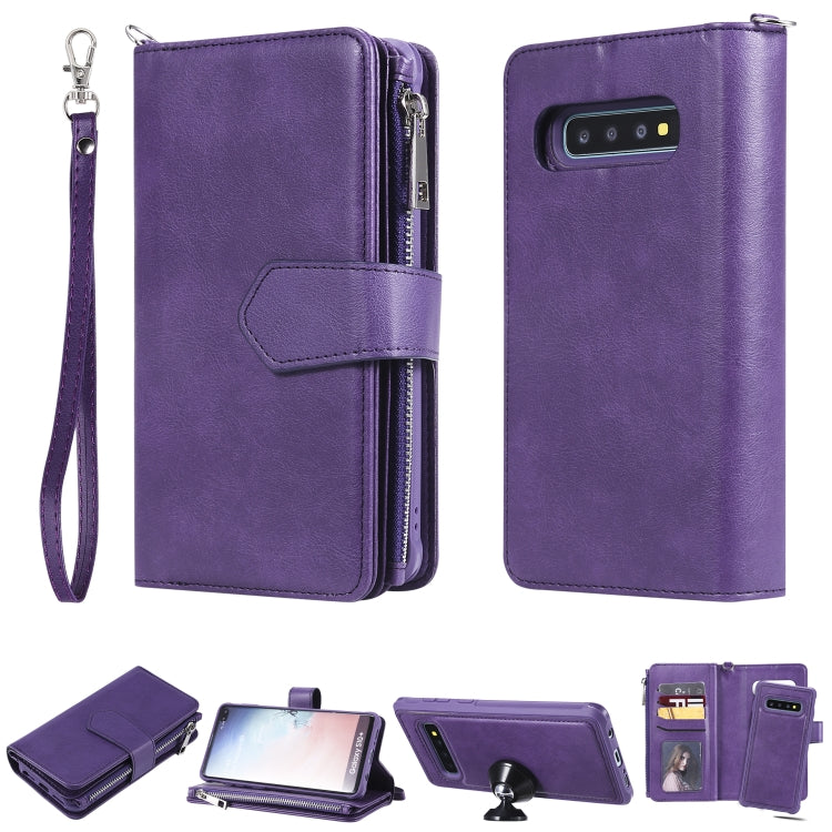 For Galaxy S10 Plus 2 in 1 Solid Color Zipper Shockproof Protective Case with Card Slots & Bracket & Photo Holder & Wallet Function