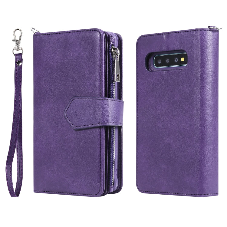 For Galaxy S10 Plus 2 in 1 Solid Color Zipper Shockproof Protective Case with Card Slots & Bracket & Photo Holder & Wallet Function