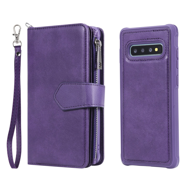 For Galaxy S10 Plus 2 in 1 Solid Color Zipper Shockproof Protective Case with Card Slots & Bracket & Photo Holder & Wallet Function