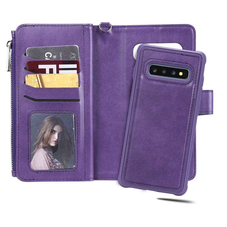 For Galaxy S10 Plus 2 in 1 Solid Color Zipper Shockproof Protective Case with Card Slots & Bracket & Photo Holder & Wallet Function