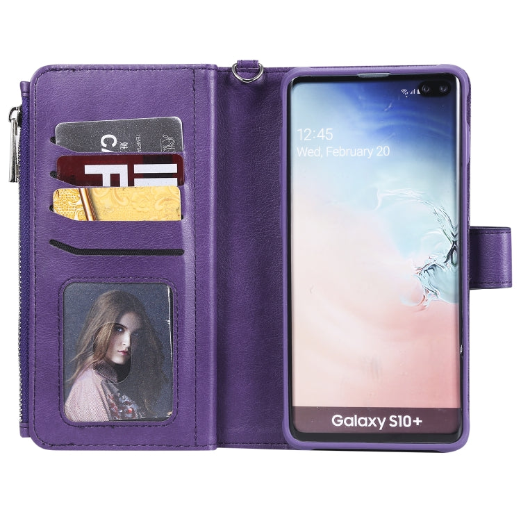 For Galaxy S10 Plus 2 in 1 Solid Color Zipper Shockproof Protective Case with Card Slots & Bracket & Photo Holder & Wallet Function