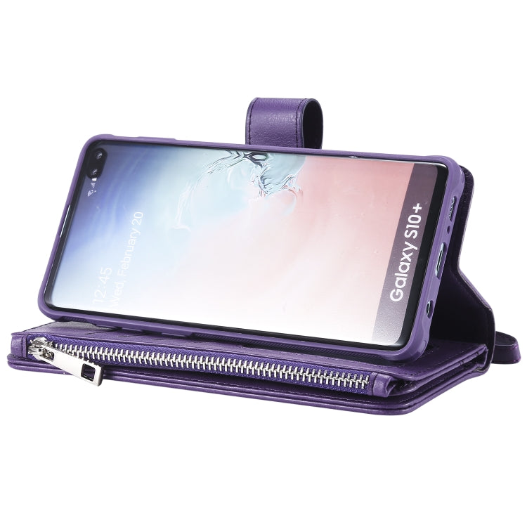 For Galaxy S10 Plus 2 in 1 Solid Color Zipper Shockproof Protective Case with Card Slots & Bracket & Photo Holder & Wallet Function