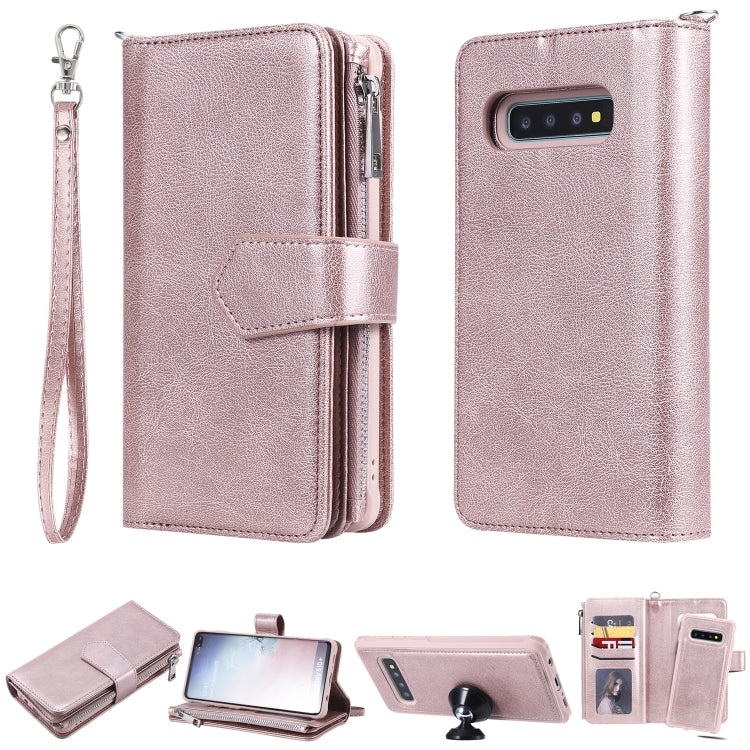For Galaxy S10 Plus 2 in 1 Solid Color Zipper Shockproof Protective Case with Card Slots & Bracket & Photo Holder & Wallet Function