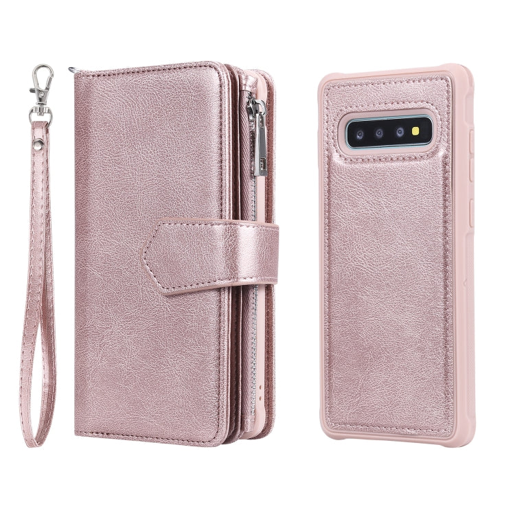 For Galaxy S10 Plus 2 in 1 Solid Color Zipper Shockproof Protective Case with Card Slots & Bracket & Photo Holder & Wallet Function