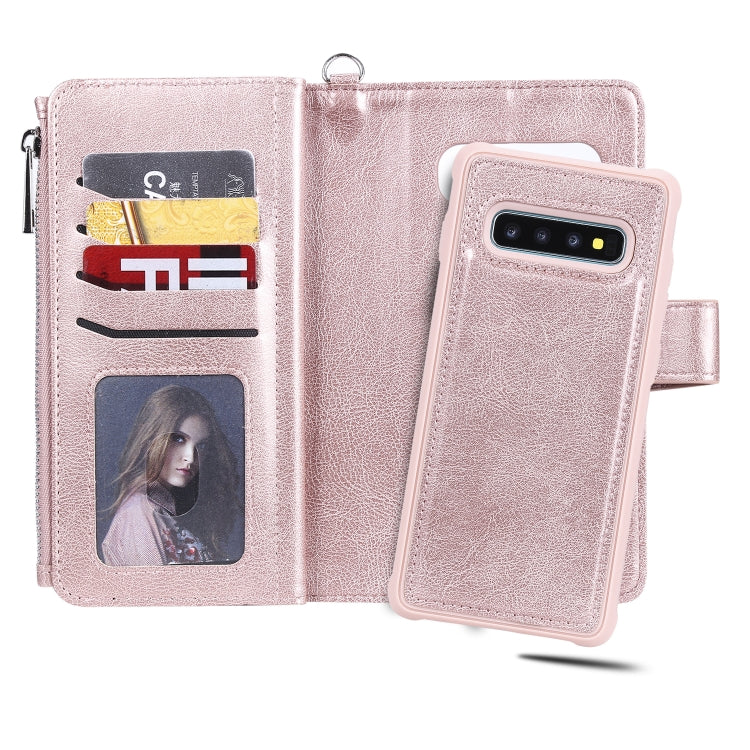 For Galaxy S10 Plus 2 in 1 Solid Color Zipper Shockproof Protective Case with Card Slots & Bracket & Photo Holder & Wallet Function